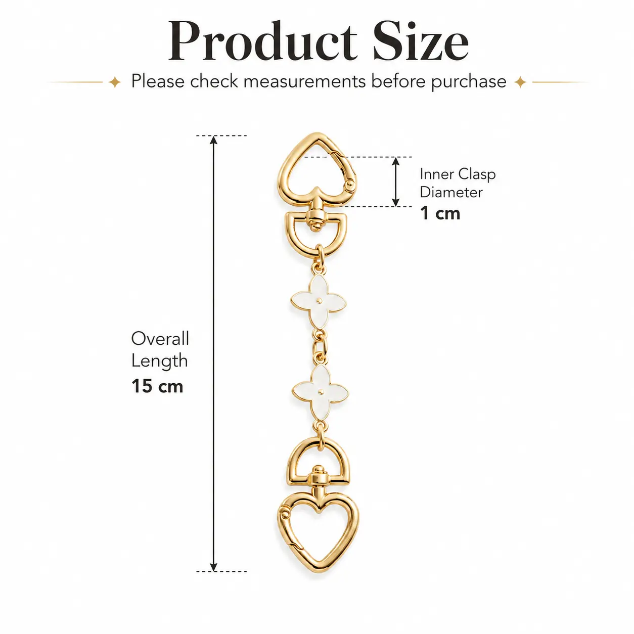 15 cm strap extender for select Coach bags; 1 cm clasp opening, gold-tone hardware with white clover accents. elegant chain Enamel Flower Charm Purse Chain Strap key