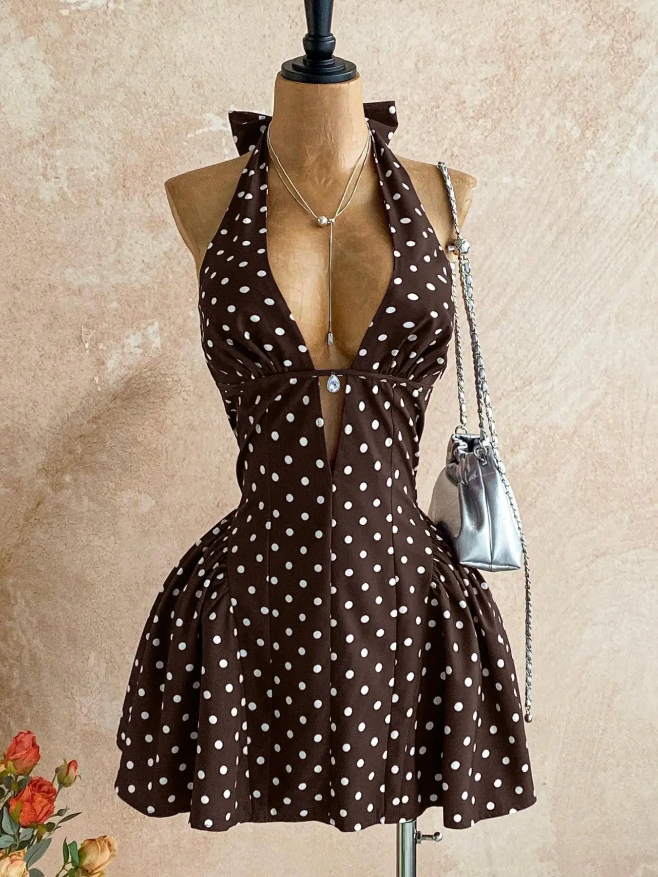 Women's Polka Dot V Neck Sleeveless Fitted Hollow Waist A-Line Mini Dress, Party Christmas Date Night Club Boho Vacation Spring Fall Summer Chic Fashion, Elegant Dresses