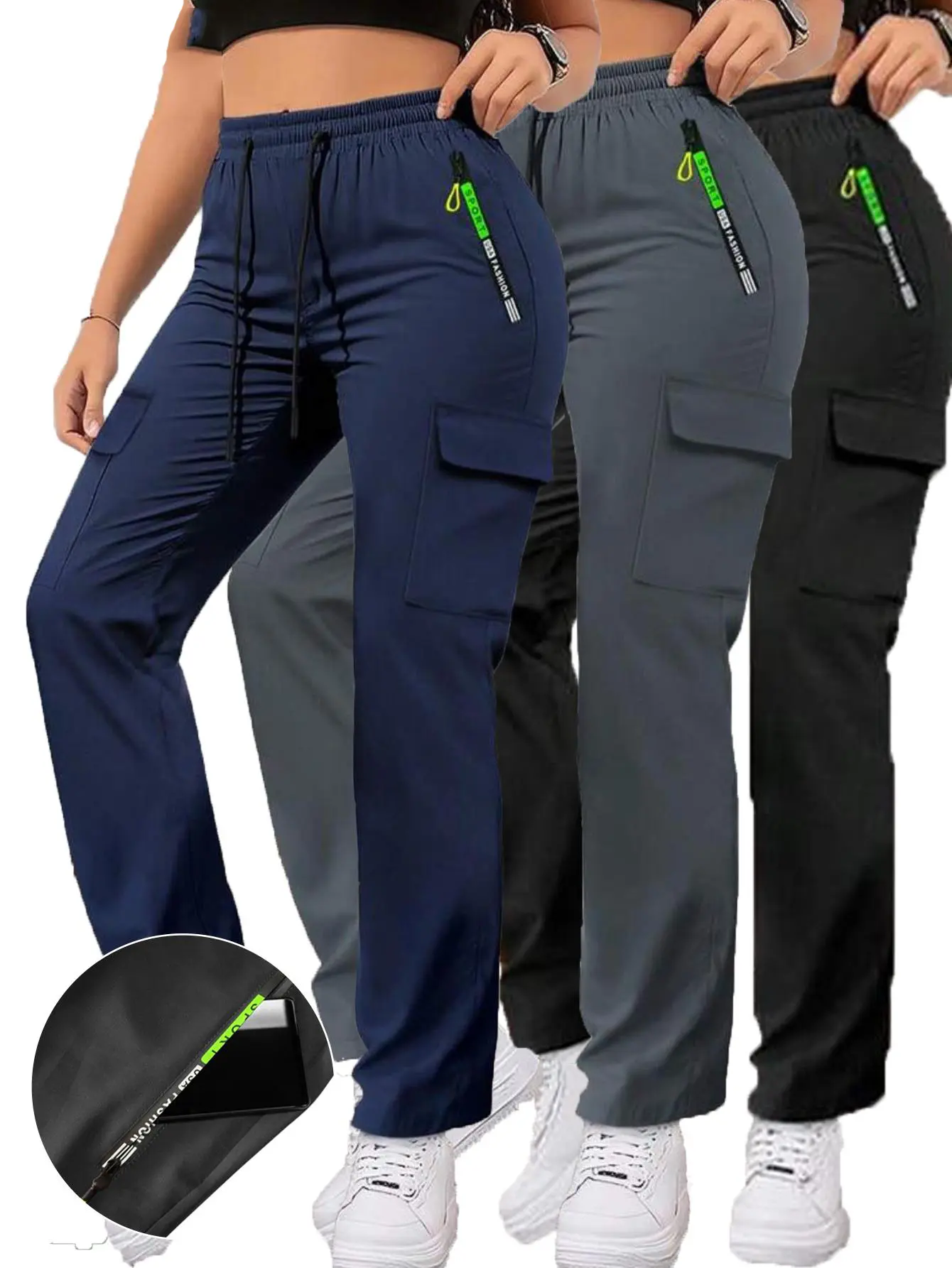 Women’s spring/autumn cargo pants with zippered pockets, stylish large pocket design paired with an elastic waistband, casual outdoor/daily wear slim-fit long pants Womenswear Fashion Ladies
