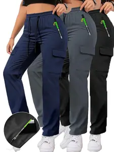 1Pc/3Pcs Women's Spring/Autumn Zipper Pocket Work Pants, Stylish Large Pocket Design with Elastic Waistband, Casual Outdoor/Everyday Long Slim Pants