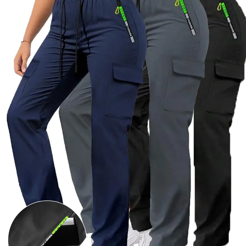 comfy elastic waist  Women’s spring/autumn cargo pants with zippered pockets, featuring a stylish large pocket design and an elastic waistband with drawstring, casual long pants for outdoor and everyday wear.