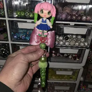 Clay Doll Pen with Pink Hair and Blue Dress - Perfect for Writing and Collecting