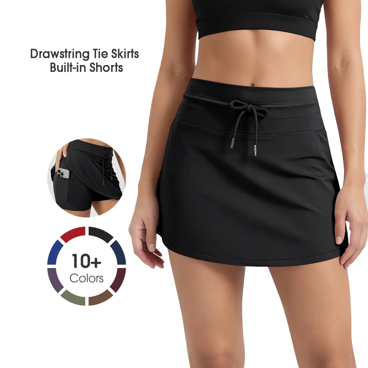 ODODOS Women's Drawstring Tie Skorts with Built-in Shorts, Ball Pocket for Athletic, Golf, Tennis Daily Wear summerwins,back to school shopping