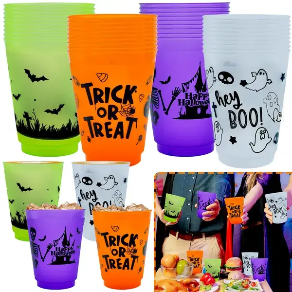 8Packs Halloween Plastic Cups Stackable Disposable Party Cups Trick or Treat Parties Juice Soda Beverage Tumblers 15 oz Reusable Drinking Cups for Halloween Picnics Barbecues Events Supplies