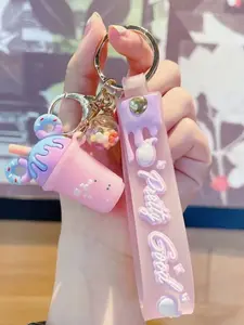 Cute Cartoon Ice Cream Tea Cup Keychain Charm, Adorable Girl Backpack Car Key Chain Pendant Gift, Trendy Fashion Accessory