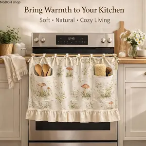 Handmade Oven Skirt Curtain with Pockets, Multi-Functional Stove Cover, Farmhouse Plant Print Kitchen Decor, Ruffled Hem with Storage Pockets, Soft Linen Fabric, Cozy Kitchen Decor