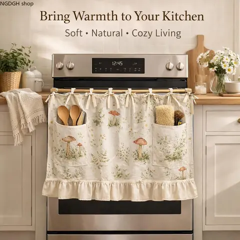 Farmhouse Linen Oven Skirt & Stovetop Cover - Handmade, Plant-Print Charm, Storage Pockets, Ruffled Hem, Cozy Design, Nature Indoors, All-Purpose Cover, Cooktop Dust Organizer (Household Item)