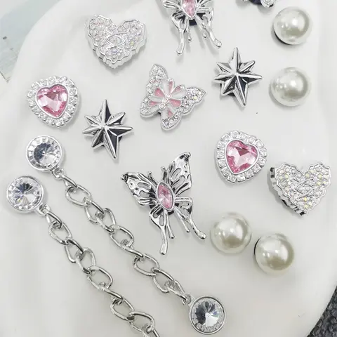 Butterfly & Heart & Chain Design Shoe Charms, Rhinestone & Faux Pearl Decorated Shoe Decoration Charms, Fashionable Bridal Shoes Decoration for Women & Girls Footwear Decorative Shoe Accessories