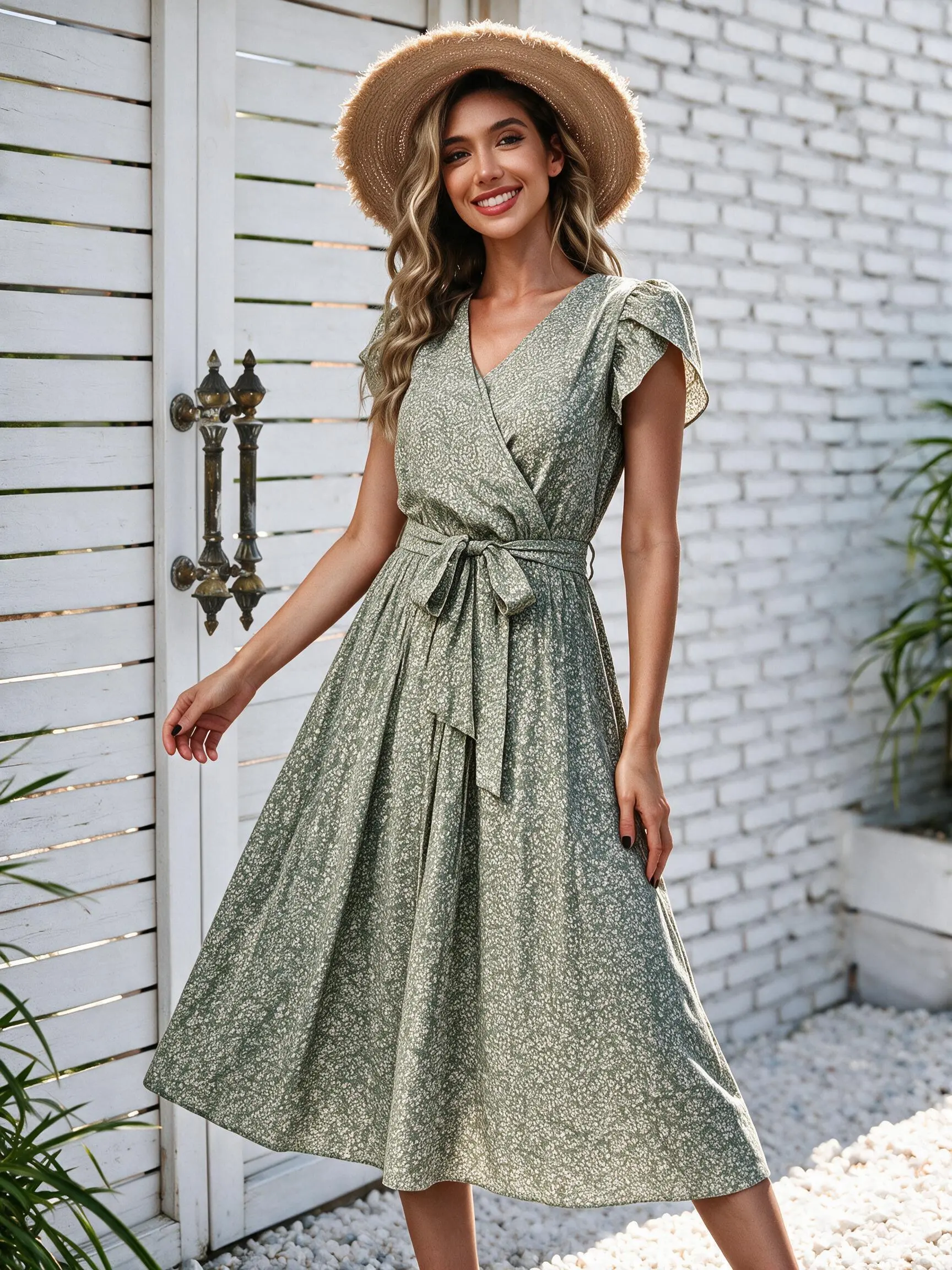 Women's Summer Wrap V-Neck Midi Dress - Ruffle Short Sleeve, Floral Print A-Line Flowy Style with Belt, Casual Beach Vacation Sundress
