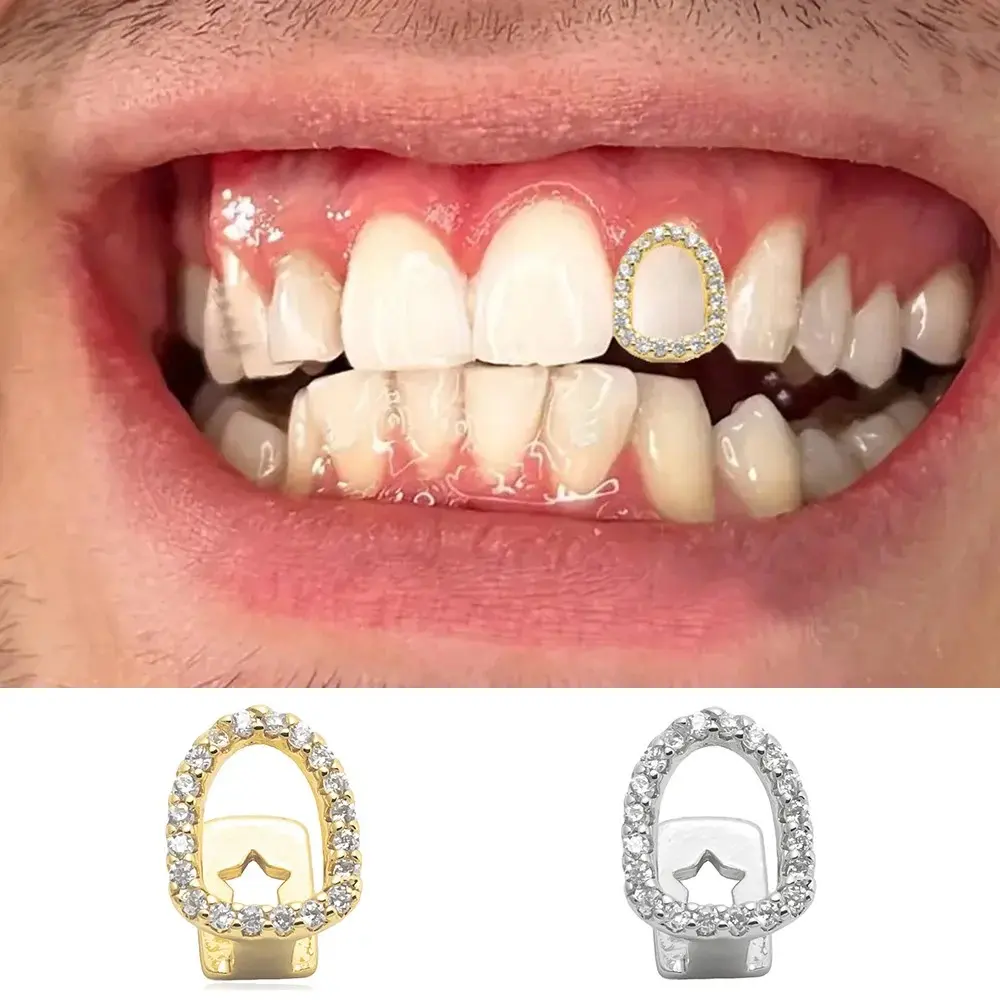 Single Full CZ Stone Hollow Teeth Grillz Braces Hip Hop Shiny Zircon Tooth Caps For Women Men Jewelry Dental Grills