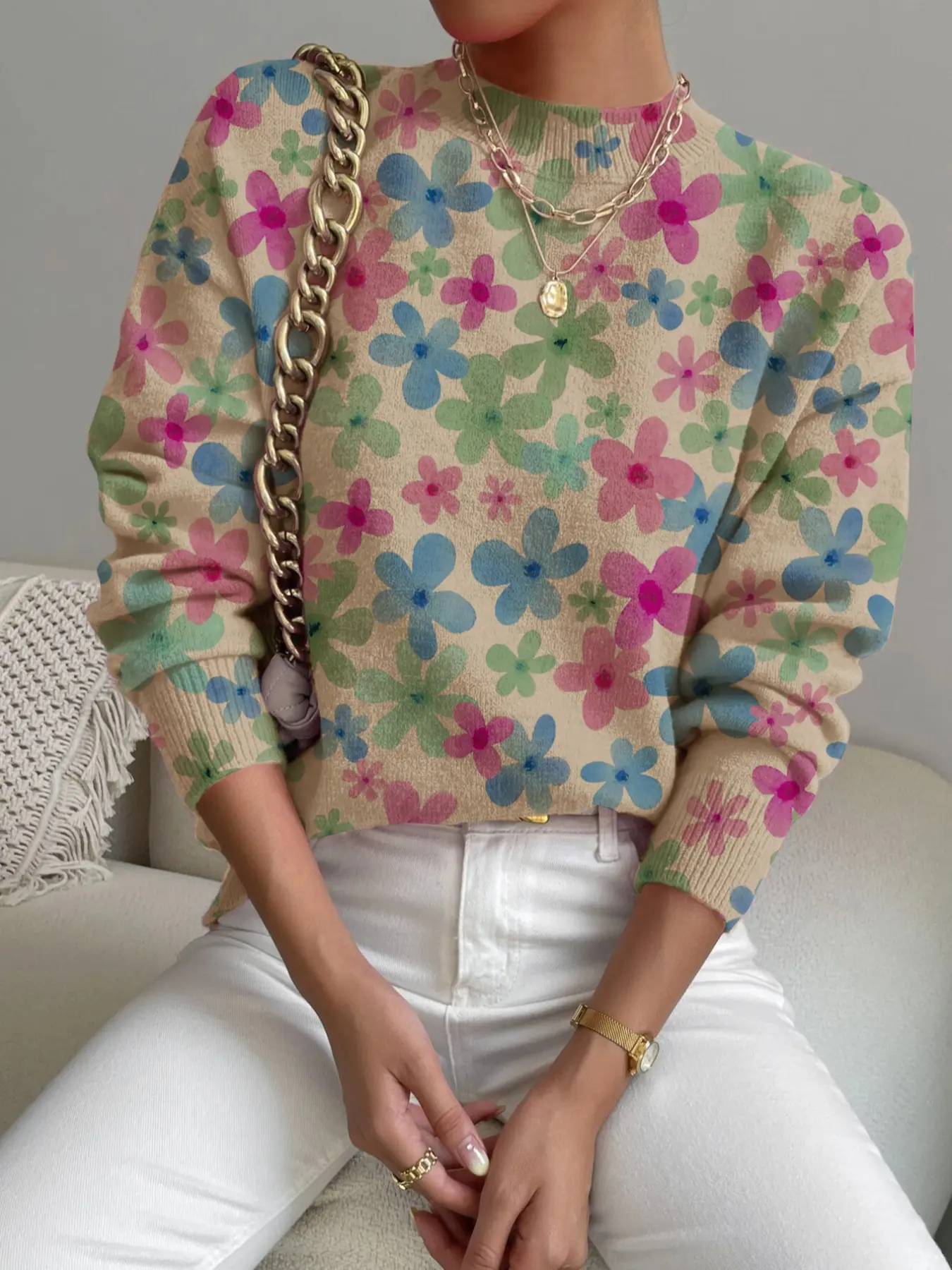 Women's Ditsy Floral Print Stand Collar Sweater, Casual Long Sleeve Knitwear for Fall & Winter, Comfortable and Warm Daily Wear