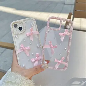 Cute Bow Decor Phone Case, Smartphone Rhinestone Decor Phone Protective Cover, Phone Accessory Compatible with iPhone 16 15 14 13 12 11 Pro Max, Casing, Protection, Protector