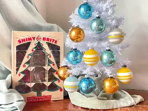 Vintage Shiny Brite Unsilvered Opaque Ornaments Set of 12 Rare Striped Opaque and Solid Blue and Gold 1950’s in Box OR1817