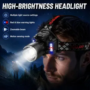 ZANOID 3600mAh Rechargeable LED Headlamp, Single/Seven Light Source High-Brightness Headlight with Red & Blue Warning Lights, Motion Sensor, Zoomable Beam, for Camping, Hunting, Fishing & Running