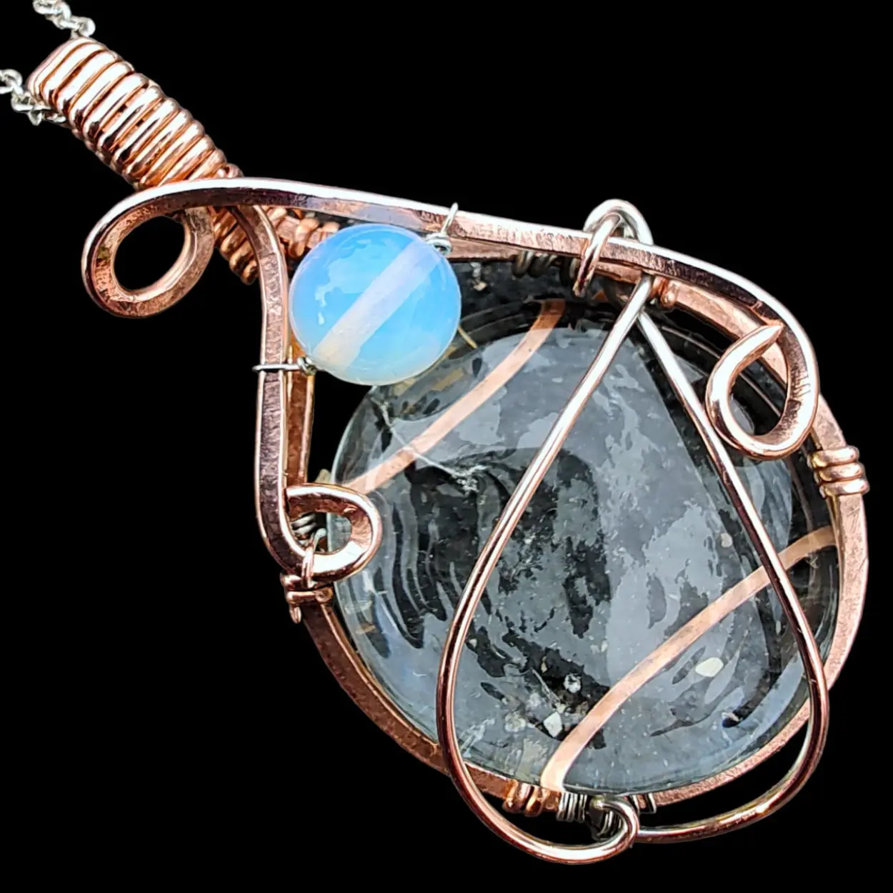 Beachy Opalite Glow Glass Crystal Hammered Copper Elven Elvish Victorian Fantasy Wire Wrapped Gemstone Pendant Necklace Amulet Talisman