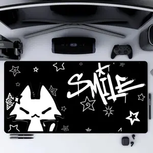 Dark Punk Mousepad Kawaii Gothic Cat Gaming Pad Black & White Smile Design Large Gaming Desk Mat Cute Goth Desk Accessory for Cat Lovers