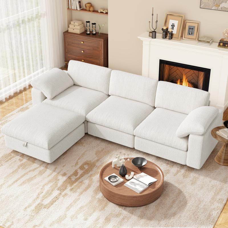【Shipped in four Packages】118" L Shaped Modular Sectional Sofa, Oversized 3-Seater Convertible Cloud Couch, Modern Chenille Sectional Couches for Living Room, Cream White 1 PCS