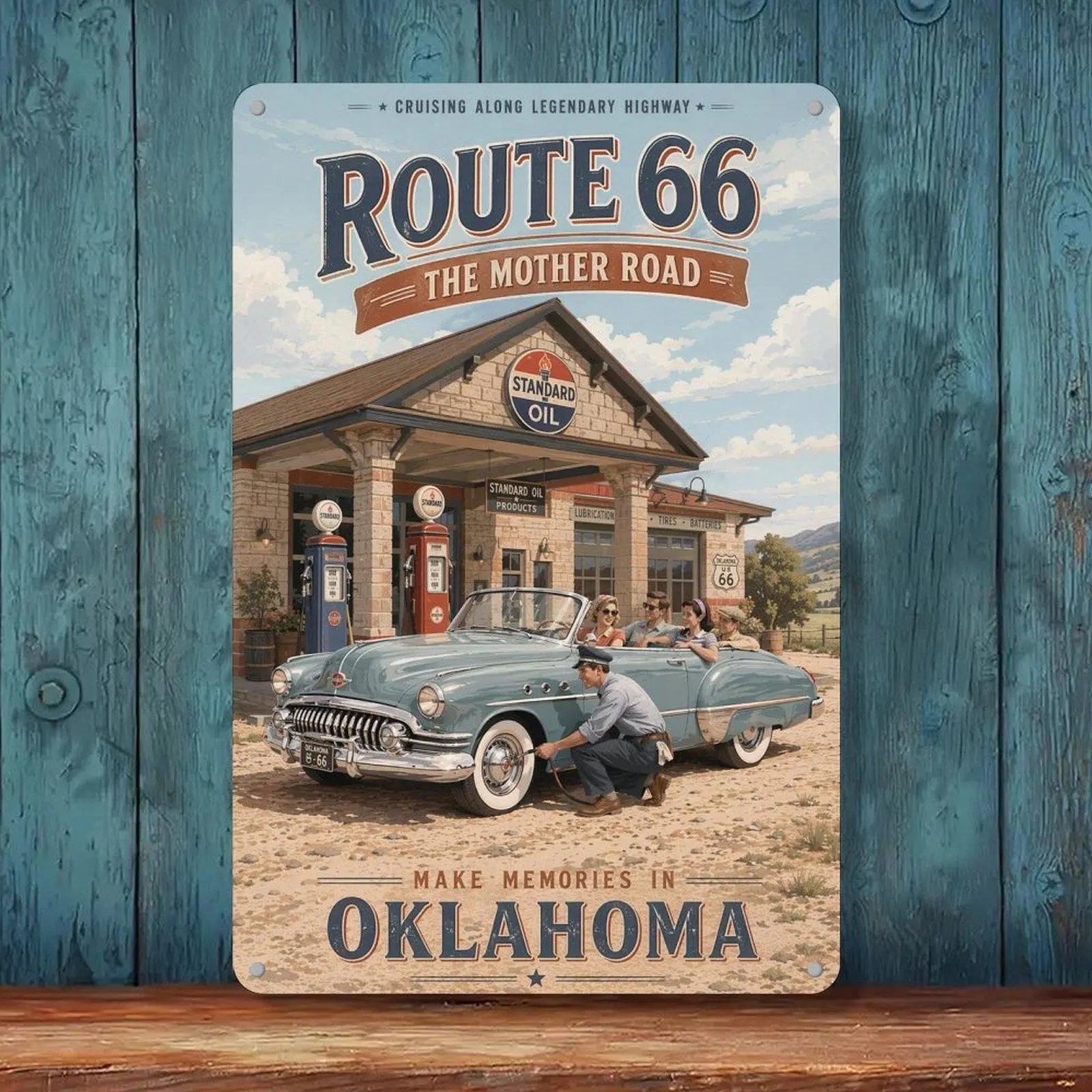 8x12in Route 66 The Mother Road Oklahoma Memories Retro Classic Convertible Gas Station Vintage Travel Print Metal Tin Sign, Home Decor Gifts for Room Man Cave Highway Road Trip Wall Plaque