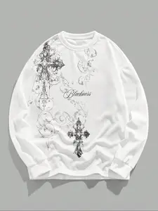 Men's Waffle Knit Gothic Cross Print Pullover Sweatshirt, Casual Long Sleeve Fitted Top for Fall & Winter, Daily Wear Clothing