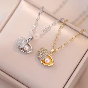 2PCS Shell Necklaces for Women Shell Pearl Zircon Inlaid Fashion Anti-Fade Elegant Titanium Steel Necklace Jewelry in Gold & Silver