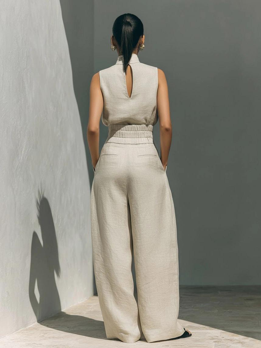 LikeMyChoice 2-Piece Elegant Linen-Blend Set Chic Mock Neck Halter Top & High-Waisted Wide-Leg Pants | Trendy Old Money Aesthetic Outfit for Summer Vacation & Office