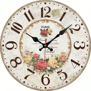 1pc Wooden Wall Clock, Vintage Large Number Silent Round Wall Clock, Rustic Style Floral Clock, Modern Wall-Mounted Home Decor Clock, Suitable for Living Room, Bedroom, Wall Hanging Clock