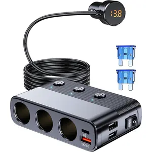 7 in 1 Cigarette Lighter Splitter, 3 Socket Car Charger Adapter, Type-C QC3.0 PD 30W Charging, Dual USB Charging Ports, Independent Switches, LED Voltmeter, Plug Outlet 12V/24V(3.3ft Cable)