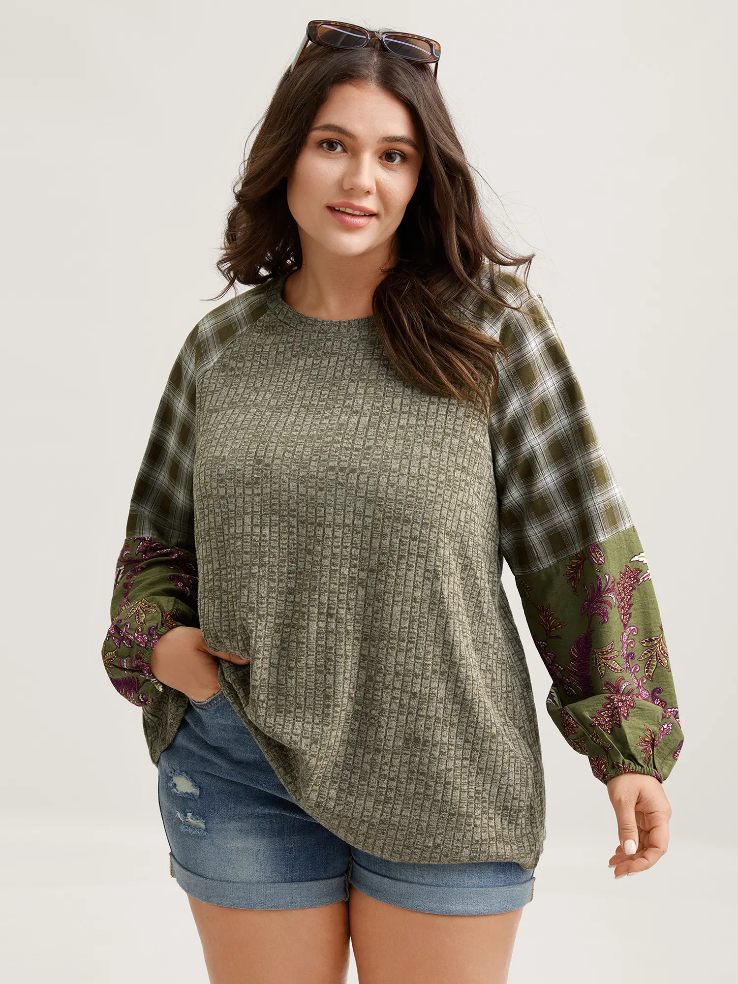 BloomChic Women's Army Green Textured Cotton-Nylon Hoodie Sweatshirt - Long Sleeve Raglan Tops with Plaid Contrast, Flat Pocket, Casual Fit, Medium Stretch, Hand Wash Care Keeps Colors Fresh, Alt Clothing Women Clothes, Low Iron Fabric