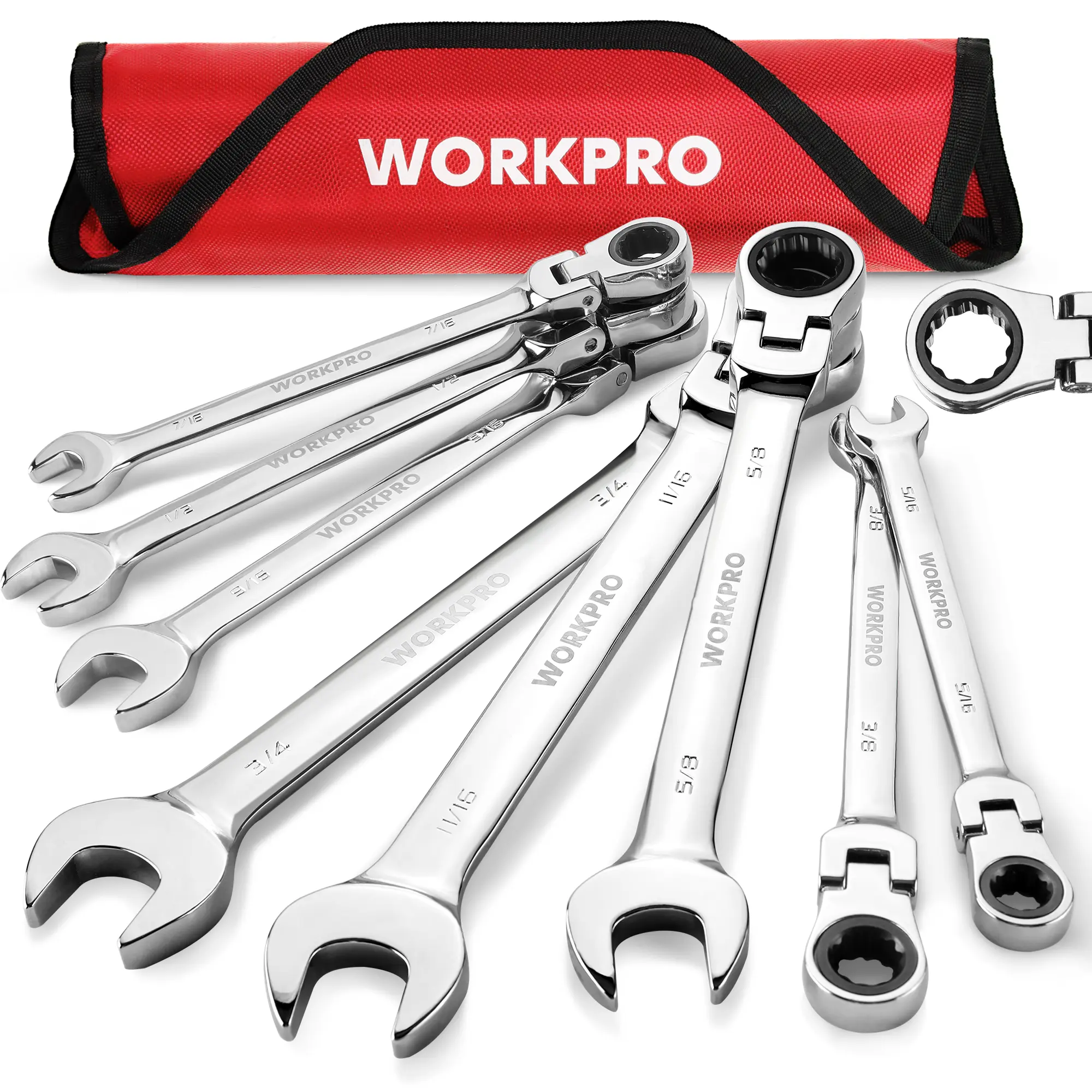 #fathersdaygift WORKPRO 8-piece Flex-Head Ratcheting Combination Wrench Set, 72-Teeth, Cr-V Constructed, Mirror Polished Chrome Plated with Roll Up Pouch