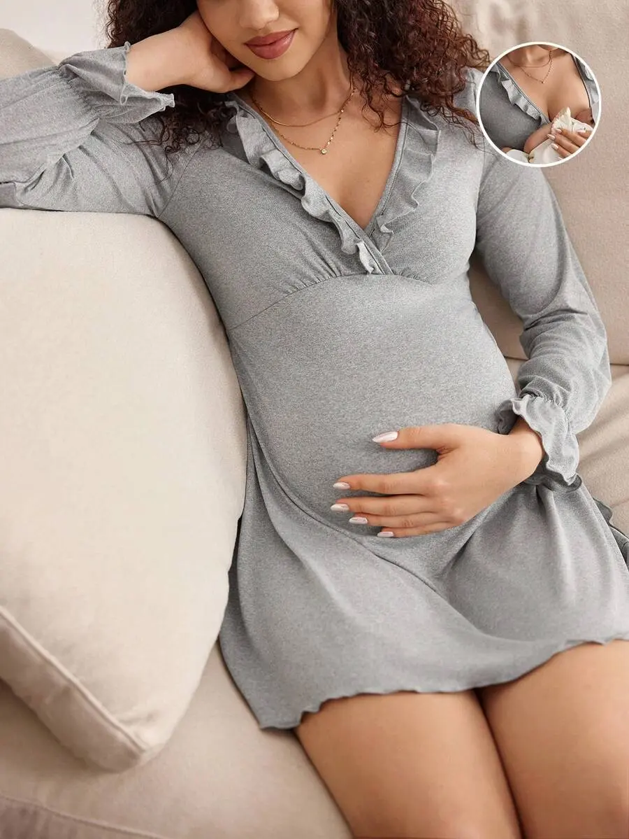 Maternity Casual Loose Long Sleeve Solid Color Nursing Pajama Dress, Autumn Loung Grey