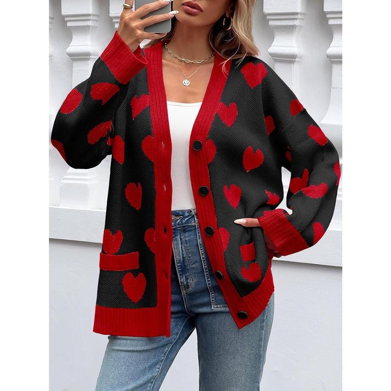 Saodimallsu Womens Oversized Heart Cardigan Color Block V Neck Button Long Sleeve Chunky Valentines Sweaters with Two Pockets & Contrast Trim