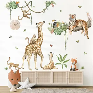 F-WPA11 Large Jungle Animal Tree Branch Wall Stickers Safari Giraffe Tiger Monkey Peel and Stick Wall Art Decals for Baby Nursery Kids Bedroom Playroom Decor Decorative
