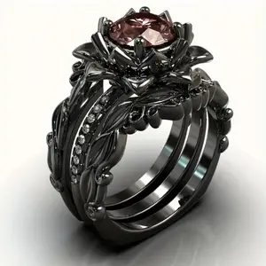 Gothic Rose Crown 3-Piece Engagement Ring Set for Women
