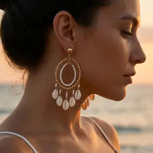 Bohemian Natural Cowrie Shell Drop Earrings for Women Woven Beaded Hoop Chandelier Dangle Summer Festival Coachella Jewelry
