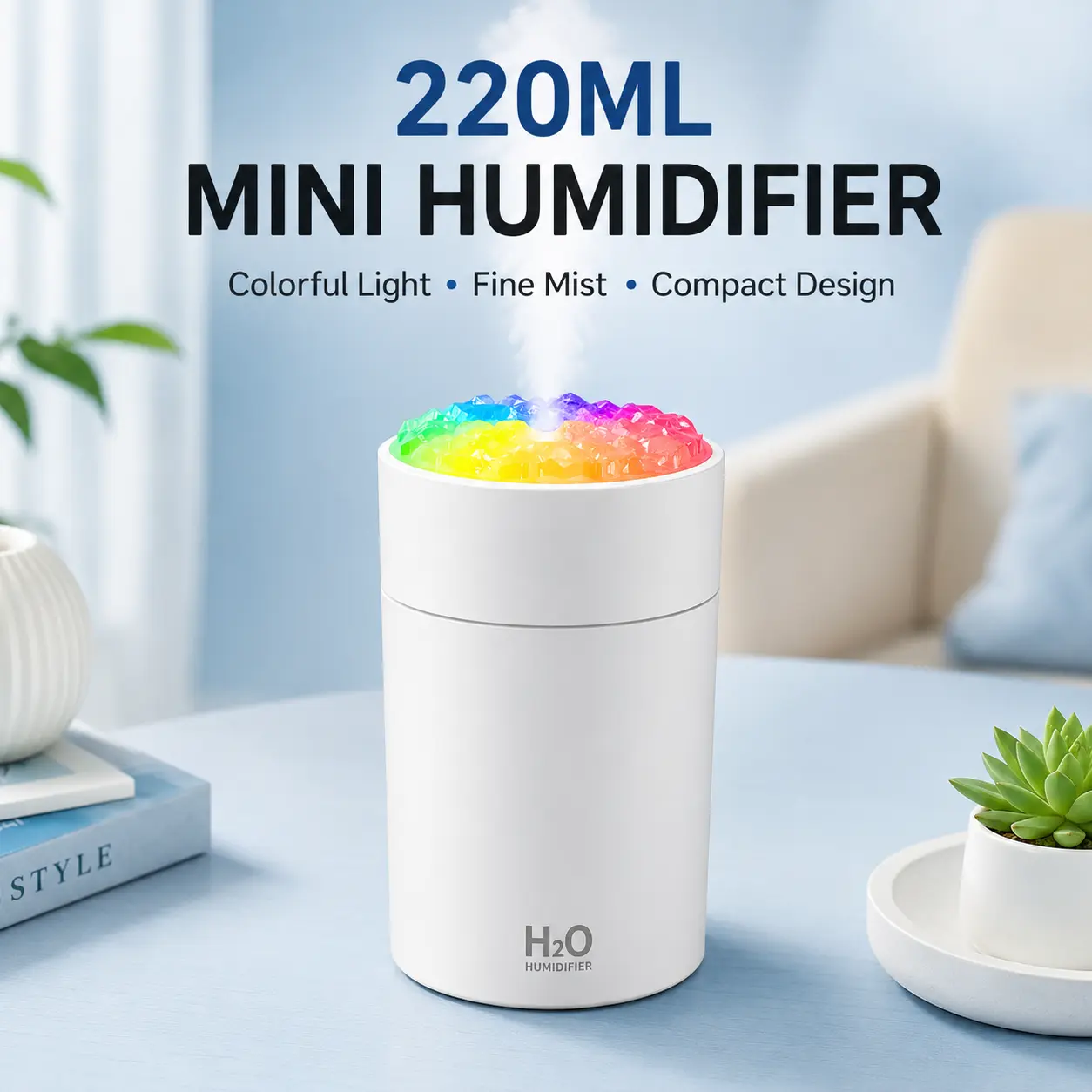 220ML Mini Desktop Humidifier with Colorful Ambient Light, USB Powered Fine Mist Humidifier, Compact Design for Desk, Nightstand, Office and Home