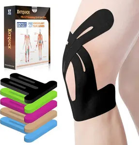 Precut Kinesiology Tape for Knees, 12 PCS Waterproof KTQUICK Knee Tape for Knee Pain Relief Pre Cut, Original Cotton Athletic Knee Tape, Waterproof & Hypoallergenic Latex-Free for Sports (Black)