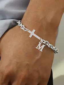 Men's Cross Initial Letter Bracelet, Classic Simple Silver Color Stainless Steel Chain, Casual Style, All Seasons Wear