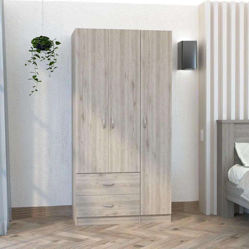 Austral 3 Door Armoire with Two Drawers Shelves and Hanging Rod - Light Gray