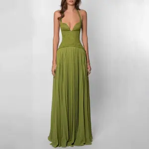 Green Fishbone Corset Halter Maxi Dress Women Backless Off Shoulder Pleated Patchwork Slim Dresses Lady Christmas Party Gown New