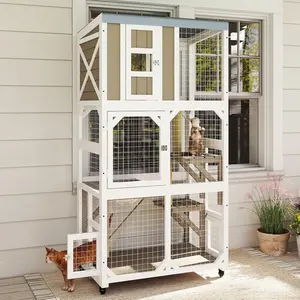 Petscosset 64" Large Wooden Catio Outdoor Cat Enclosure, Window Cat House with Wheels & 3 Platforms