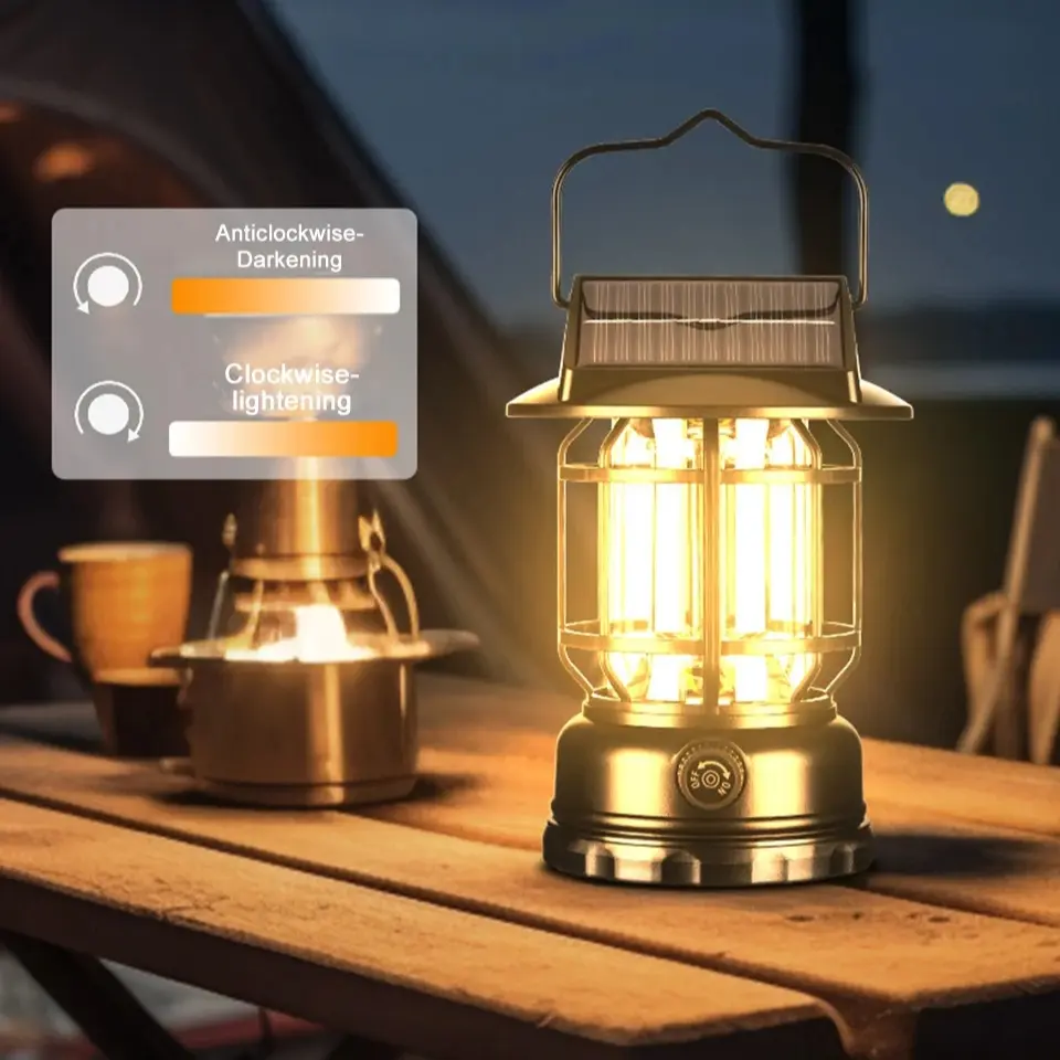 Outdoor LED Solar Camping Lantern, Vintage Camping Light with Knob Dimmable, Portable Tent Light with Hook, Outdoor Table Lamp for Camping, Tenting, Battery Powered Light, Solar Camping Lights