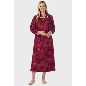 Lanz of Salzburg Women's Red Tartan Peter Pan Flannel Gown