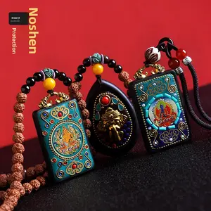 Handmade Tibetan Buddhist Amulet Necklace, Wealth God & Buddha Pendant, Sandalwood Thangka Necklace Lucky Feng Shui Jewelry for Men Women