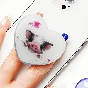 Heart Phone Grip with Cute Pig Design- Kawaii Collapsible Pink Love Phone Grip Stand for iPhone, Kindle, iPad | Aesthetic Phone Charm & Accessories for Girls & Women