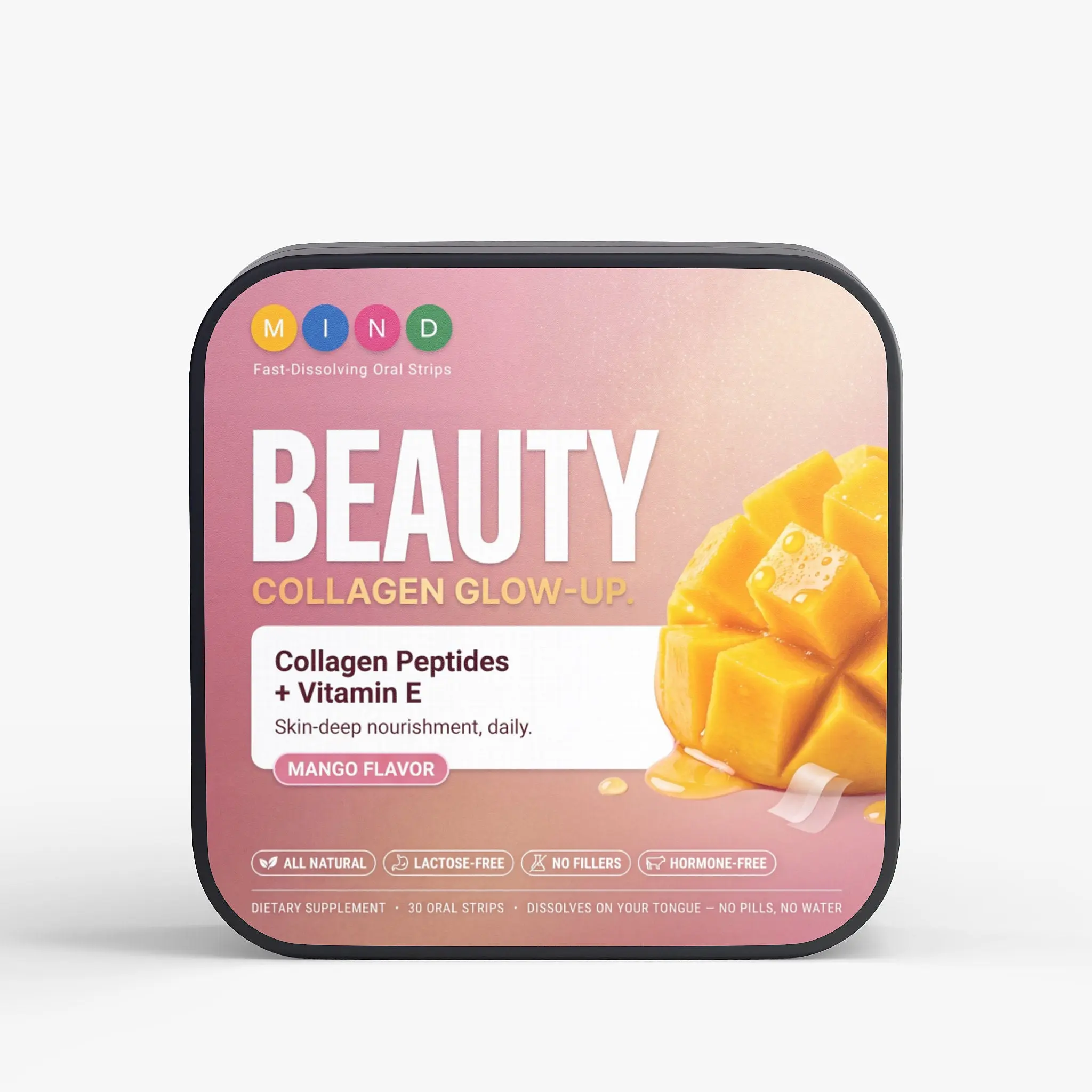 MindStrips Beauty + Collagen Strips, Mango Flavor, 30 Fast-Dissolving Oral Strips, Collagen Peptides + Vitamin E, Collagen Glow-Up, All Natural, Lactose-Free, Non-GMO, No Pills, No Water