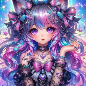 5D DIY Full Drill Round Diamond Painting - Diamond Art Kits Anime Design Colorful Cat Ears, Bowties, Heart-Shaped Ornaments. Mosaic, Canvas - DIY Wall Decor, Home Wall Decoration, Suitable for Halloween and Christmas, Birthday and Anniversary Gifts.