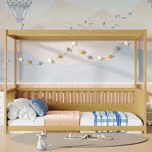 Full Size Canopy Bed Frame with Guardrails for Kids,Floor Bed Full with Four Poster Design,Kids Montessori Floor Bed,Wood Canopy Bed Frame for Girls,Boys(Full,Natural)-W1858P252841