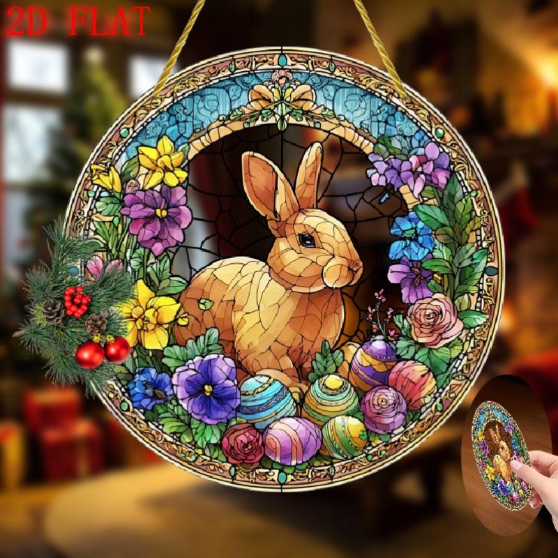 2D Flat, 1pc Bohemian Stained Glass-Style Easter Bunny & Floral Suncatcher Round Acrylic Window Hanging with & Tulip Patterns, Easter Decor, Garden Ornament, Housewarming Gift