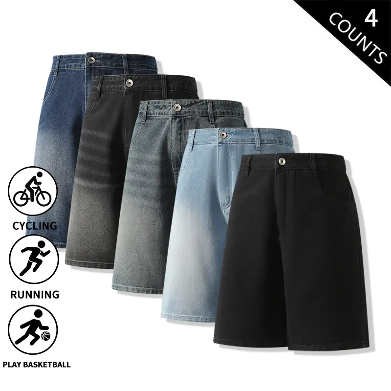 4-Pack Men’s Loose Fit Denim Shorts – Casual Washed Stretch Jeans Shorts, Comfortable and Breathable for Running, Basketball, Cycling, Streetwear, and Everyday Wear