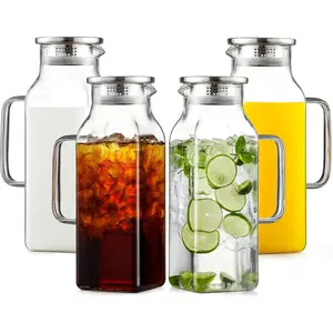 4 Pack 2 Liters/68 oz Square Glass Pitcher with Lid and Handle for Fridge, Iced Tea and Coffee Carafe Beverage Serveware, Heat Resistant Borosilicate Water Jug for Hot/Cold Drinks and Milk